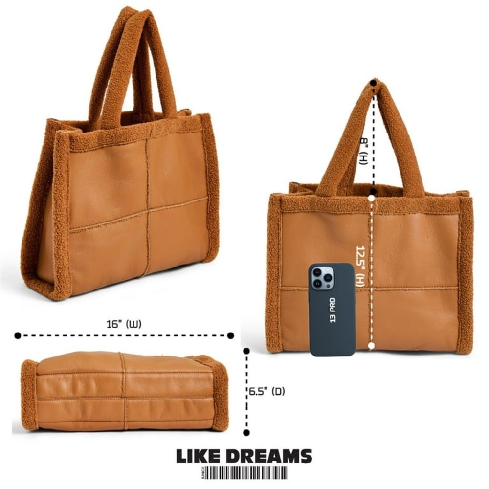 Tan Sherpa tote Bag LIKE DREAMS Women Soft Sherpa Tote Vintage Vegan leather - Picture 16 of 17